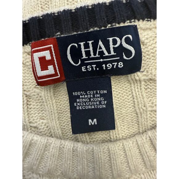 VTG 90s Chaps Ralph Mens Lauren Medium Cream Cable Knit Sweater Preppy tennis - Picture 3 of 4